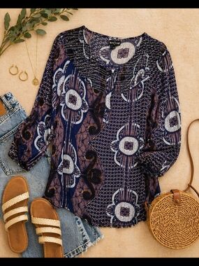 Onyx Boho Sheer Printed Blouse Size L
